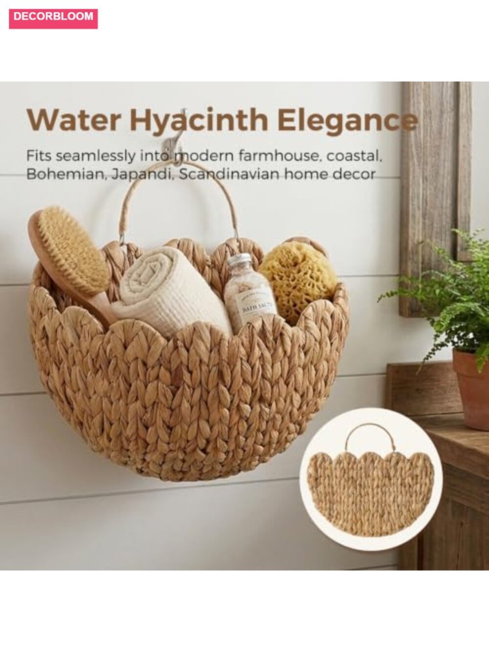 Scalloped Wicker Wall Basket, Water Hyacinth Hanging Basket with Handle, Boho - Picture 4 of 6